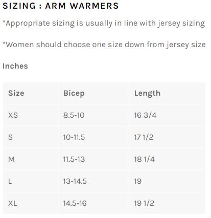 Bellwether arm warmer sizing chart