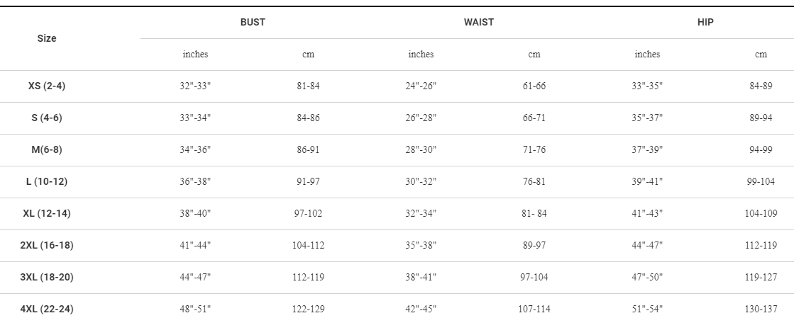 Bontrager women's apparel sizing chart