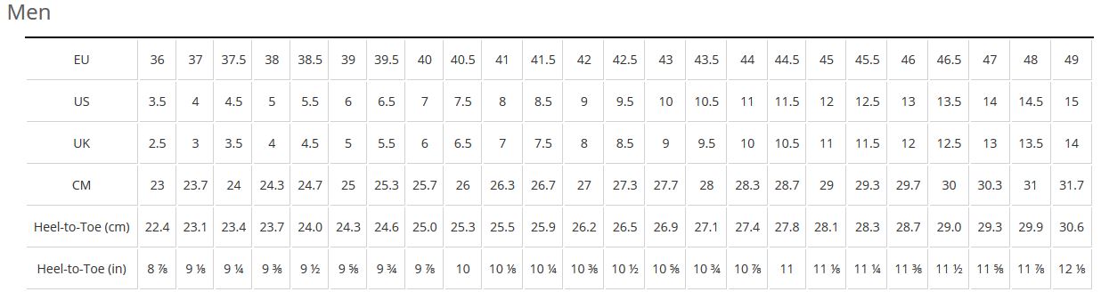 Bontrager men's shoe sizing chart