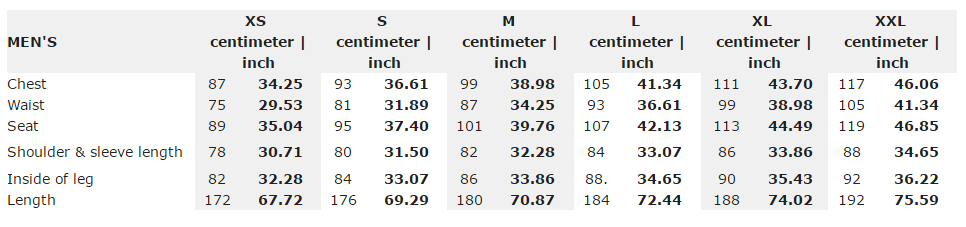 Craft Men's Sizing Chart