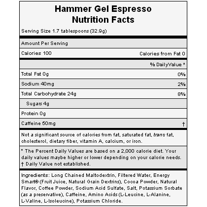 The nutritional info for Hammer Nutrition's Espresso Gel.