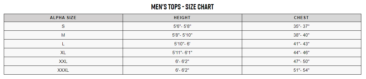 Trek men's tops sizing chart