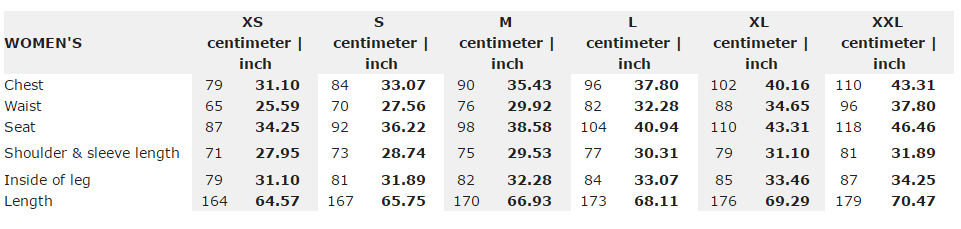Craft Women's sizing chart